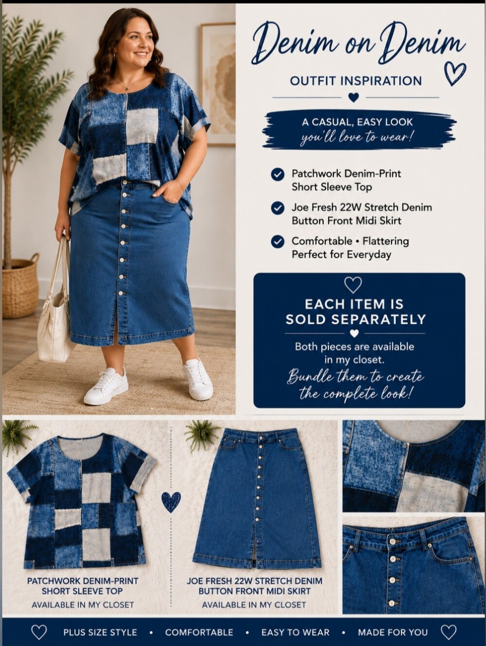 Patchwork Denim-Print Short Sleeve Tee - Blue